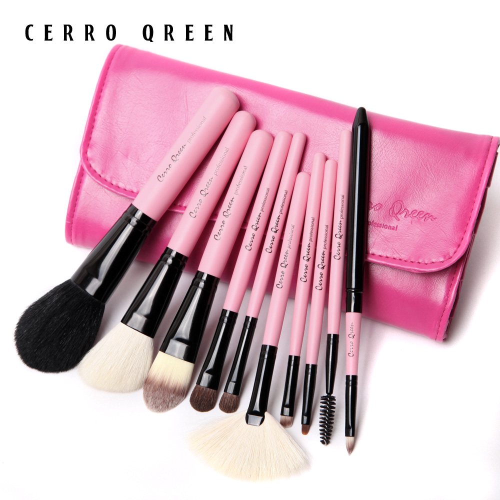 Cerro Qreen Fashion Makeup Brush Kit Natural Animal Wool 10pcs [Pink